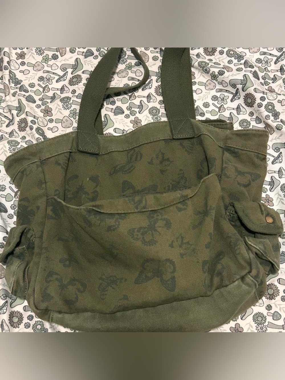 Vintage Y2K Hot Topic Olive Green Butterfly Canvas Cargo Tote Bag